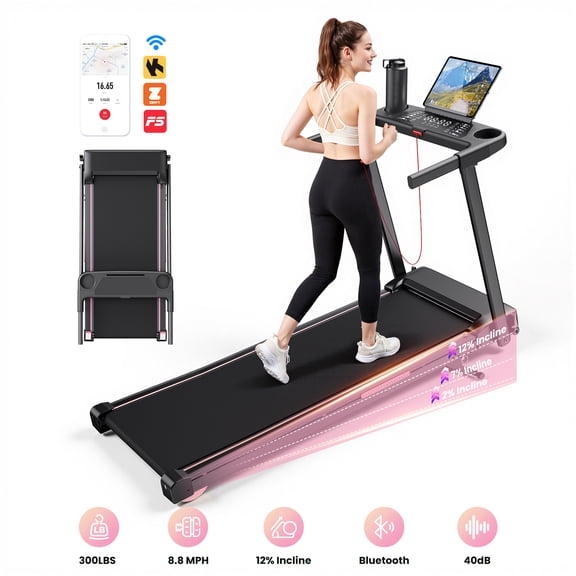 Treadmill with Incline for Home, Smart Walking Running Machine with APP, 3-Level Manual Incline, Quiet Brushless Motor, LED Display, 12 Programs, Compact Treadmill for Home Office Apartment,Pink