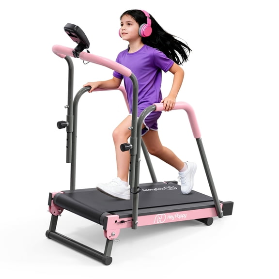 Treadmill for Kids, Manual Kids Treadmill with Handle Bar Up to 165Lbs Capacity, Toddler Treadmills Workout Equipment with 2 Adjustable Incline Mode & 4 Level Upright Height, Pink