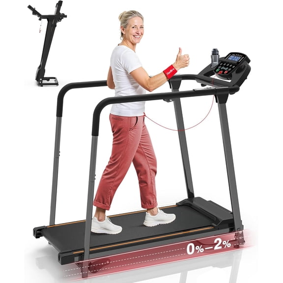 Treadmill for Seniors with Long Handrails - Foldable Walking Treadmill for Home Small, 300 lbs Capacity, 0-2% Incline, Auto Lube, Mute & Quick Speed Button, Elder Recovery, Cup & Phone Holder