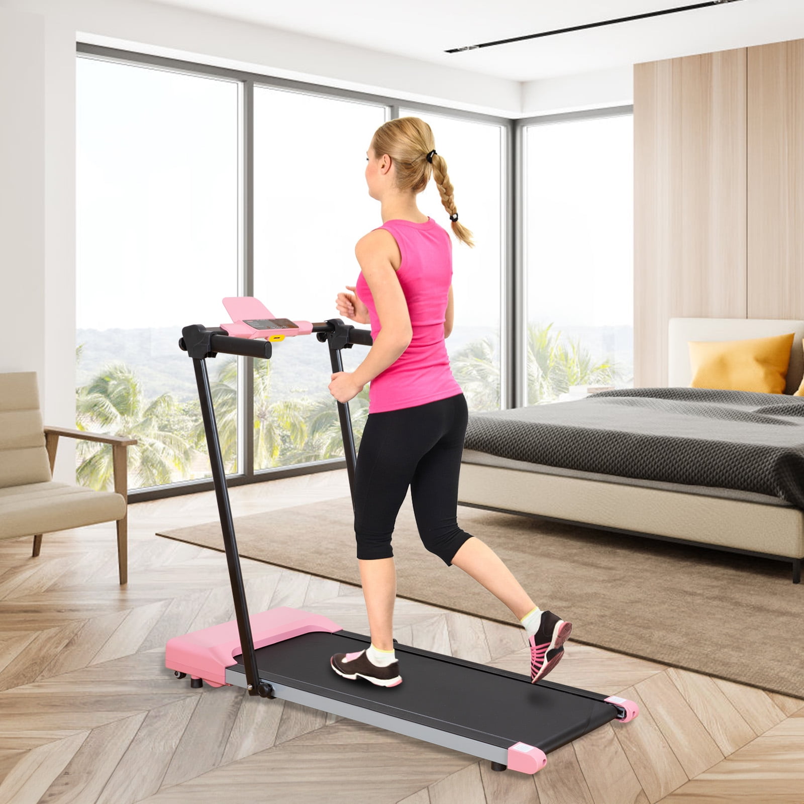 Treadmill for Home Walking & Running, LED Display for Speed, Time, Distance, Calories, Up to 7.5 MPH, Built-in Wheels for Easy Mobility, Pink