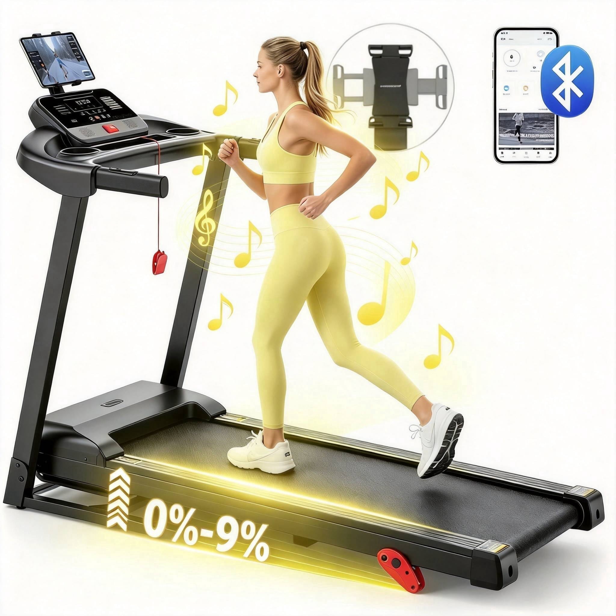 Treadmill with Adjustable Incline, 3.5HP Portable Treadmill for Home Small Space 300 Lbs Capacity, Remote APP Control and LED Display, Handle Bar