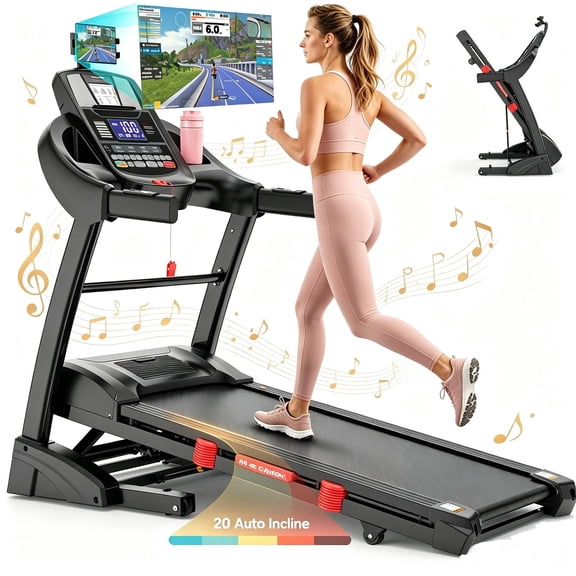 20% Auto Folding Treadmills for Home,0.6-12 MPH, 18" Belt,Treadmill 300-400lb Capacity, 5HP Foldable Treadmill with Bluetooth App