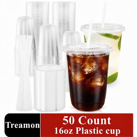 Treamon Clear Plastic Cups with Lids and Straws, Disposable Iced Coffee Cups for To-Go Cold Drinks, 16 oz 50 Sets