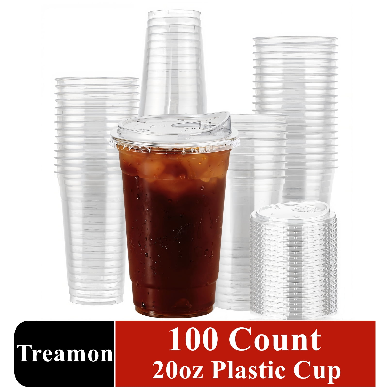 Treamon Clear Plastic Cups with Lids, Disposable Ice Coffee Cups with Strawless Sip Lids, 20 oz 100 Count
