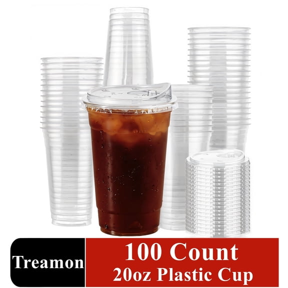 Treamon Clear Plastic Cups with Lids, Disposable Ice Coffee Cups with Strawless Sip Lids, 20 oz 100 Count