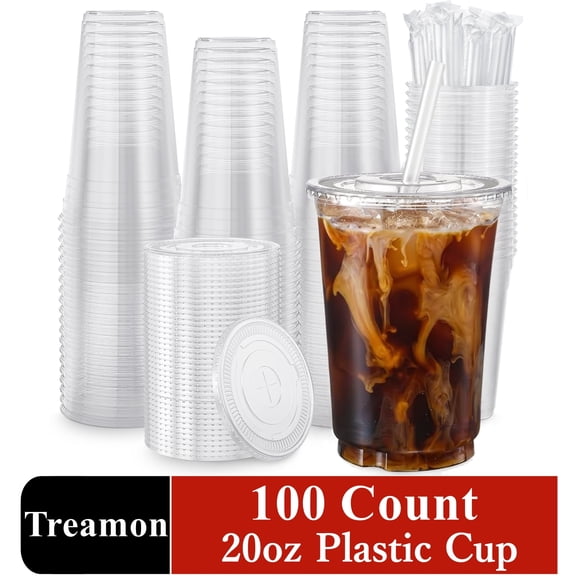 Treamon Clear Plastic Cups with Lids and Straws, Disposable Party Iced Coffee Cups, 20 oz, 100 Count