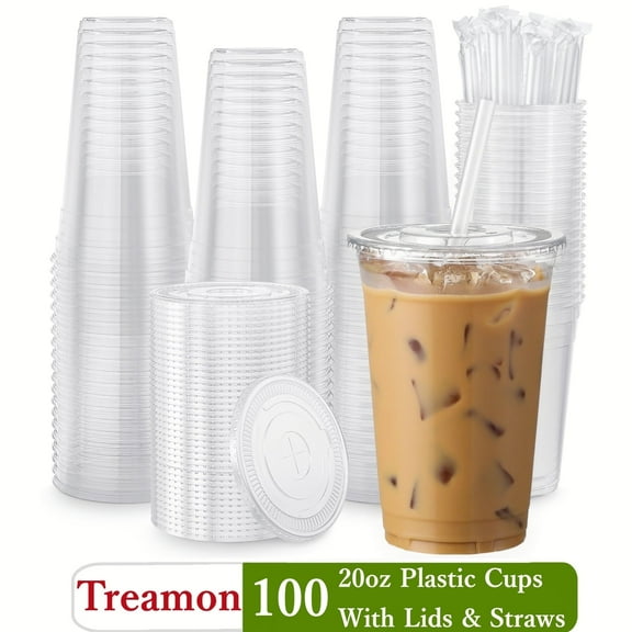 Treamon Clear Plastic Cups with Lids and Straws, Disposable Party Iced Coffee Cups, 20 oz, 100 Count