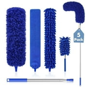 Treamon Microfiber Duster for High Ceilings, Reusable Washable Cleaning Duster for Cleaning Fan Cobweb with 100" Telescopic Pole Kit, Blue, 5 Pcs
