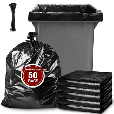 Treamon 55 Gallon Trash Bags with 100 Zip Ties, 50 Count Black Heavy Duty Large Garbage Bags