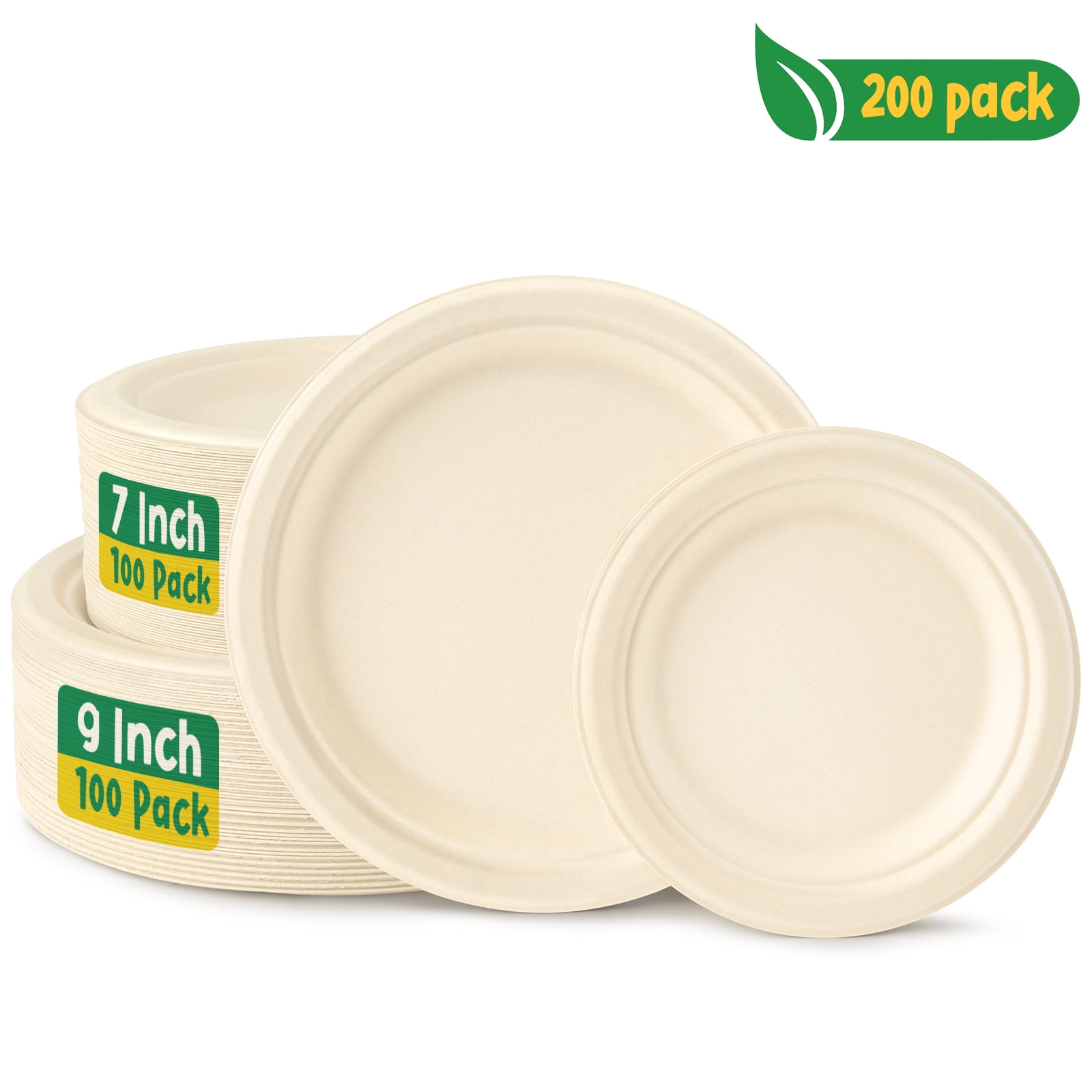 Treamon 7" 9" Disposable Round Paper Plates, Biodegradable Plate, 200