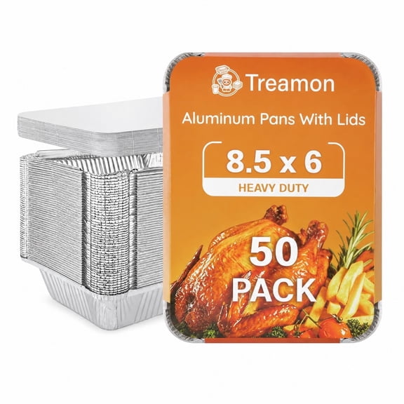 Treamon Aluminum Pans, Disposable Foil Pans with Lids, 8.5" x 6" 50 Count