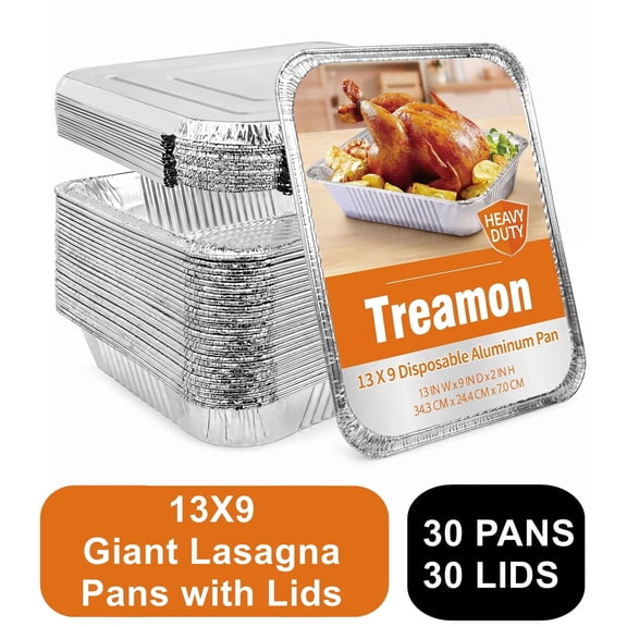 Treamon Aluminum Foil Pans with Lids, Disposable Tin Pans, 9" x 13" 30 Count