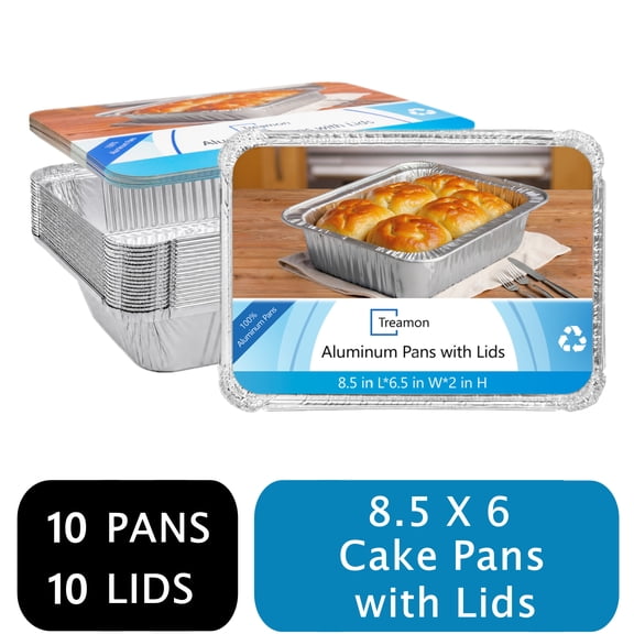 Treamon Aluminum Pans with Lids, Disposable Tin Foil Pans, 8.5" x 6" 10 Count