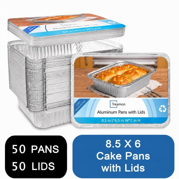 Treamon Aluminum Pans with Lids, Disposable Tin Foil Pans 8.5" x 6" 50 Count
