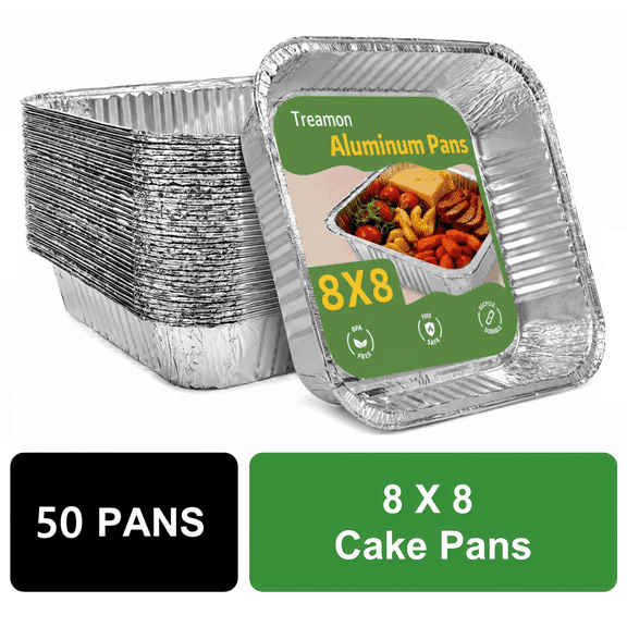 Treamon Aluminum Pans, Square Disposable Tin Foil Pans, 8*8" 50 Count