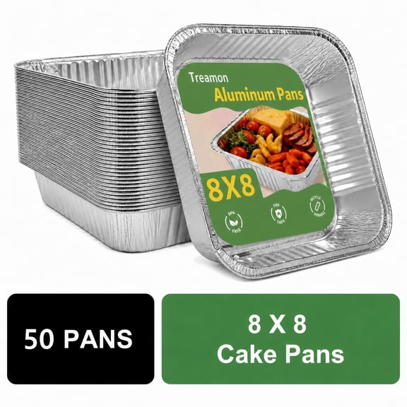Treamon Aluminum Pans, Square Disposable Tin Foil Pans, 8*8" 50 Count