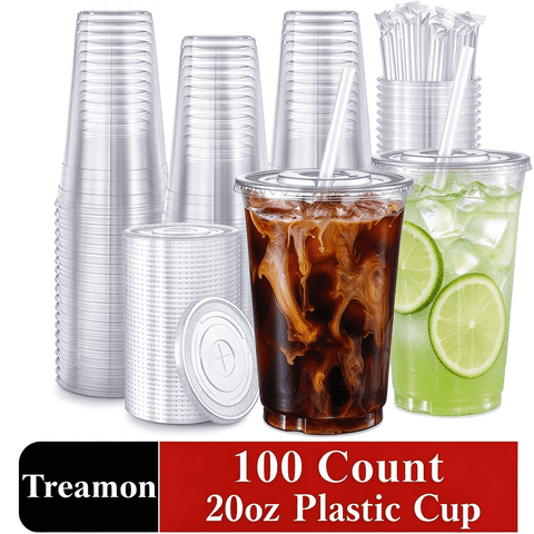Treamon Clear Plastic Cups with Lids and Straws, Disposable Party Iced Coffee Cups, 20 oz, 100 Count