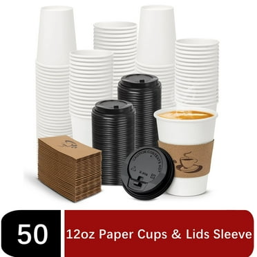 Treamon Disposable Cups Paper Cups, To Go Hot Cups with Lids, Sleeve, 12 oz 50 Count Insulated