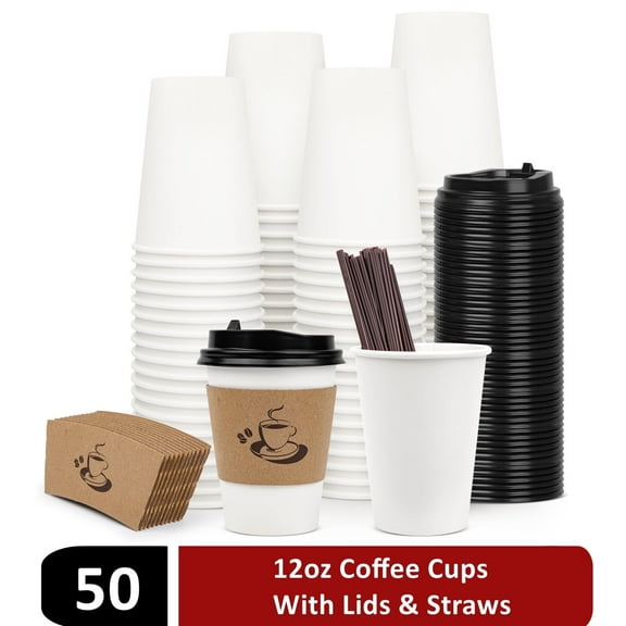 Treamon Disposable Paper Cups Hot Cups with Lids Sleeve Straw, 12 oz 50 Count, Insulated
