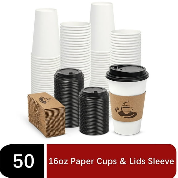 Treamon Disposable Coffee Cups, To Go Coffee Cups with Lids and Sleeves, Paper Cups 16 oz 50 Count