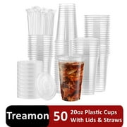 Treamon Clear Plastic Cups, Disposable Cups with Lids and Straws, 20 oz, 50 Count