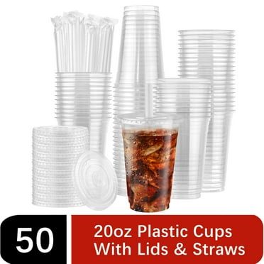 Treamon Clear Plastic Cups, Disposable Cups with Lids and Straws, 20 oz, 50 Count