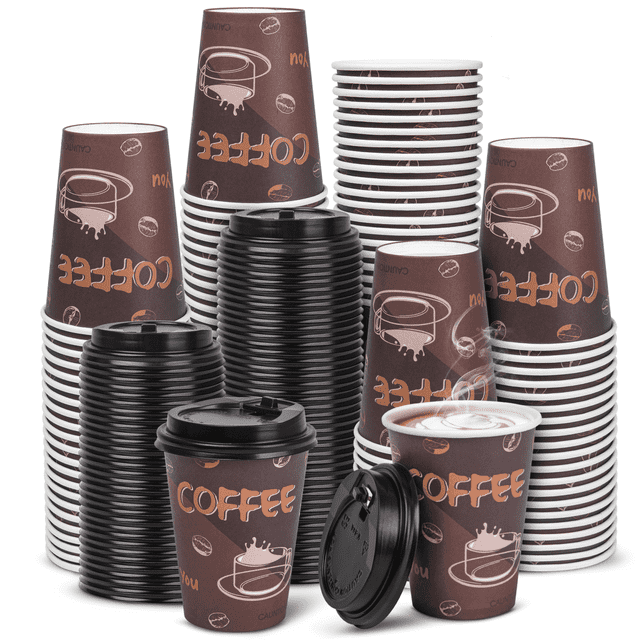Treamon Disposable To Go Paper Cups with Lids 12 oz 100 Count