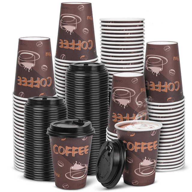 Treamon Disposable To Go Paper Hot Cups with Lids, 12 oz, 100 Count