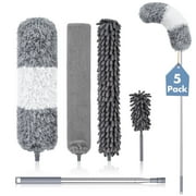 Treamon Microfiber Duster, Reusable Washable Dusters for Cleaning Fan Cobweb with 100" Telescopic Pole Kit, 5 Pcs, Gray