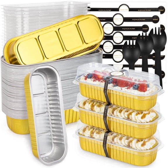 Treamon Mini Loaf Pans with Lids and Spoons Sealing Sticker, 50 Pack 6.8 oz Aluminum Foil Baking Pans, Rectangular Cake Pans, Gold