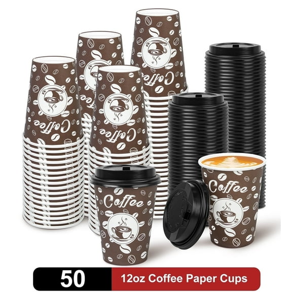 Treamon Paper Cups, To Go Hot Cups Disposable Cups with Lids, 12 oz 50 Count