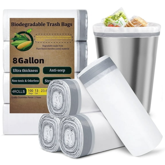 Treamon 8 Gallon Garbage Bags 100 Count, White Kitchen Trash Bags with Drawstring, Medium Trash Bags With High Density Leak Proof Design