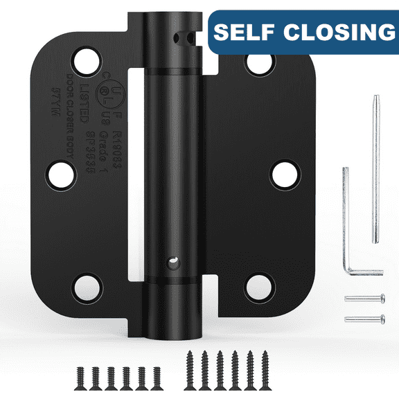 Treasem Self Closing Door Hinges, Auto Closing Spring Hinges with Adjustable Tension, UL Listed, 3.5 inch, 5/8'' Radius Corners, 1 Pack, Gloss Black