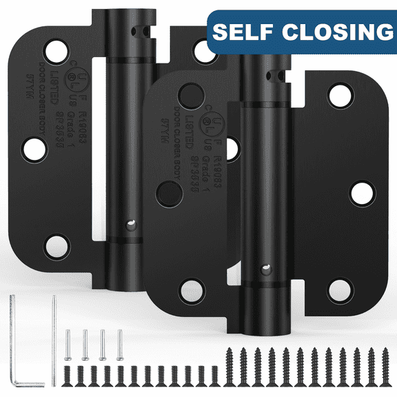 Treasem Self Closing Door Hinges, Auto Closing Spring Hinges with Adjustable Tension, UL Listed, 3.5 inch, 5/8'' Radius Corners, 2 Pack, Gloss Black
