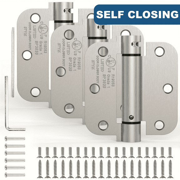 Treasem Self Closing Door Hinges, Auto Closing Spring Hinges with Adjustable Tension, UL Listed, 3.5 inch, 5/8'' Radius Corners, 3 Pack, Satin Nickel
