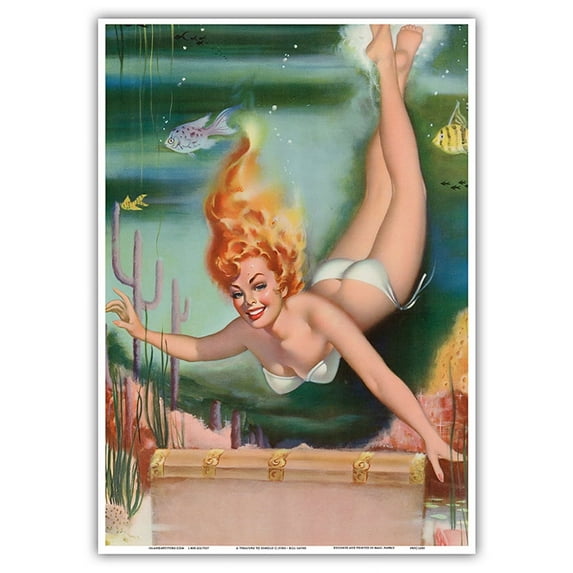 A Treasure to Behold - Hawaiian Pin Up Glamour Girl - Underwater Mermaid Pose - Vintage Pin Up Girl Print by Freeman Elliot c.1950s - Master Art Print 10in x 14in