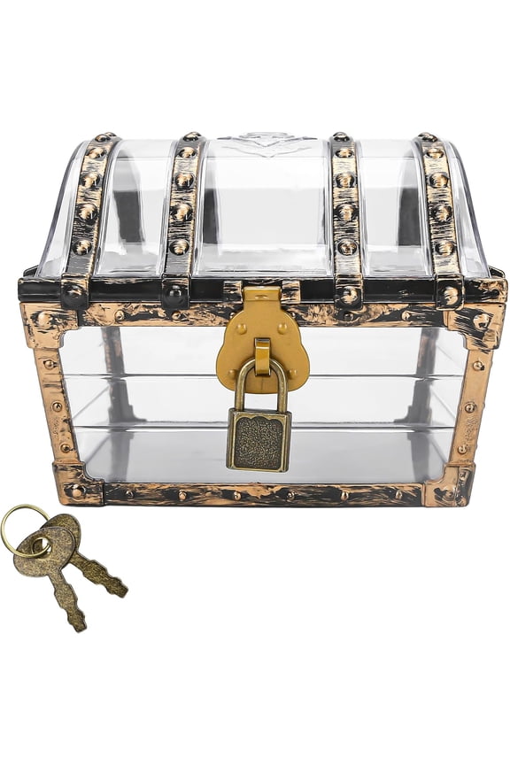 Treasure Chest Box Small Pirate Case with Lock and Key Transparent Jewelry Storage Container Display Toy Candy Seashell Gemstone Crystal Keepsake Gift Retro Nautical Home Decor 5''x45''