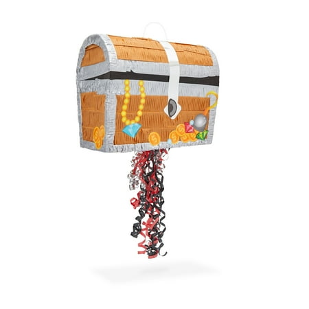 BLUE PANDA Pull String Treasure Chest Pinata - 12 x 10 x 6.5 In, Blue - Pirate Treasure Chest Birthday Pinata & Pirate Party Decoration