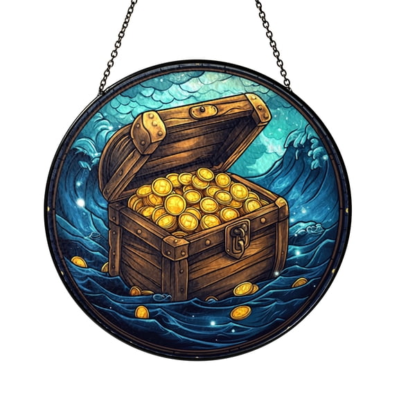 Treasure Chest Stained Glass Suncatcher – Ocean Blue Window Panel with Gold Coins, Nautical Pirate Theme Home Decor Gift