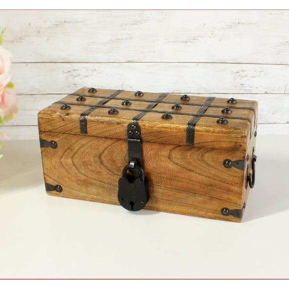 Treasure Chest Wooden Box with Antique Iron Lock and Skeleton Key (Medium 12.5x6x5.5) - Storage and Decor – Pirate Chest, Decorative Storage Chest with Hinged Lid, Wood Treasure Box