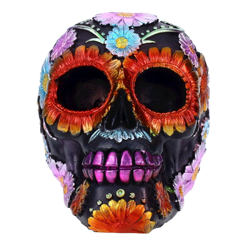 Hand-Painted Black Floral Resin Skull Figurine, 6"