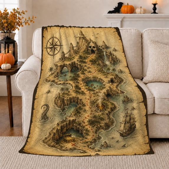 Treasure Island Map With Cliffs, Skull Mountain, And Ship for Pirate Adventure Enthusiasts, Adventurous Vintage Home Decor for Study and Bedroom, Graduation Gift with Cozy Flannel Blanket