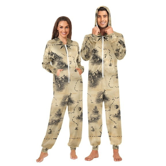 Treasure Map Adult Onesie Pajamas Slim Fit Christmas One Piece Suit Pjs for Women and Men Hooded Zipper