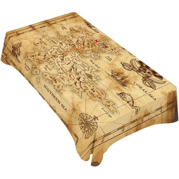 Treasure Map Brown Decorative Rectangle Tablecloth Pirate Ship Polyester Table Cloths Kitchen Table Cover for Dining BBQ Picnic Coffee Table 60 x 84 Inch 6-8 Seats