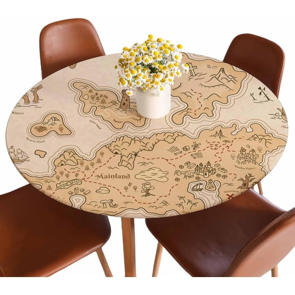 Treasure Map Round Table Cloth Cover Old Paper Pirate Island Compass Sea Adventure Skull Ships Tablecloth for Indoor Outdoor Picnic Party Fit for 40"-44" Round Tables