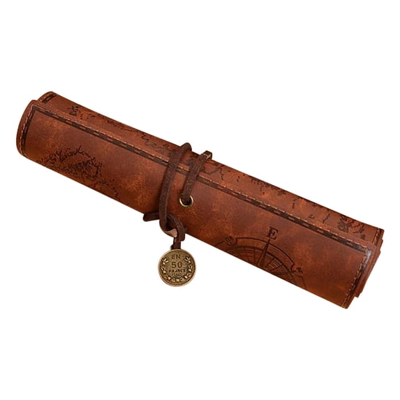 Treasure Map Vintage Canvas Leather Large Capacity Rolling Pencil Bag Cute Stationery Box Rolling Pencil Bag