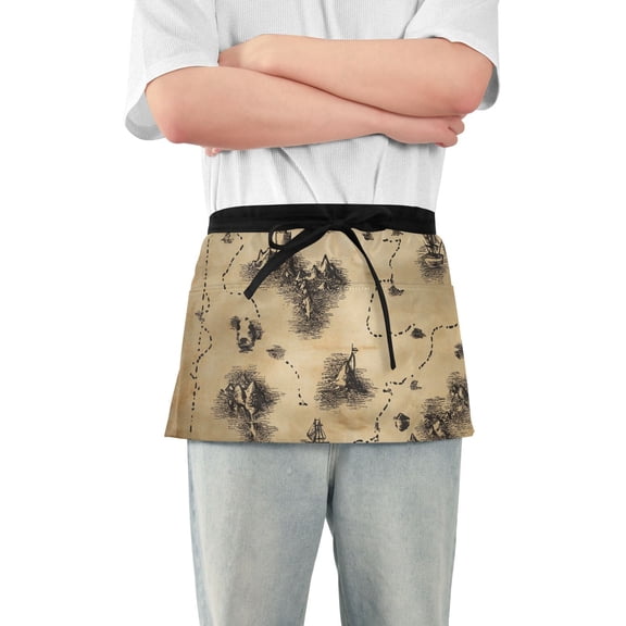 Treasure Map Waist Apron Adjustable Server Half Apron Kitchen Cooking with 3 Pockets for Men Women