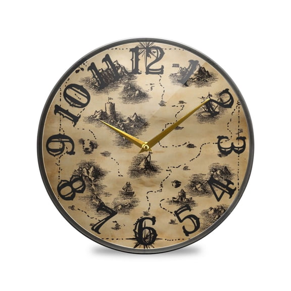 Treasure Map Wall Clock 12 Inch Silent Non Ticking Battery Operated Easy to Read for Kitchen Living Room