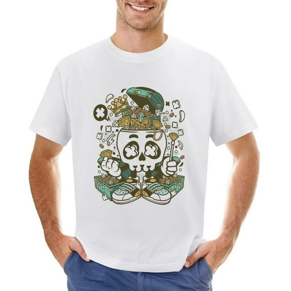 Treasure Skull Head Men’s Graphic T-shirt Vintage Short Sleeve Sport Tee White 4XL