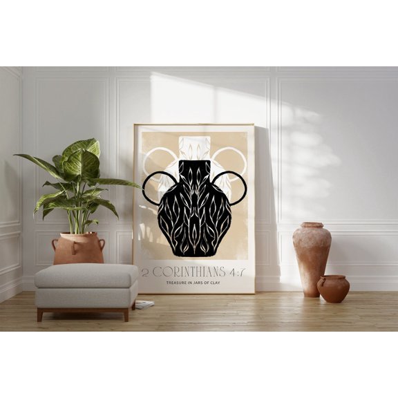 Treasure in Jars of Clay Minimal Beige Art Bible Verse Modern Christian Faith Decor, Unframed Paper Poster 8x10in